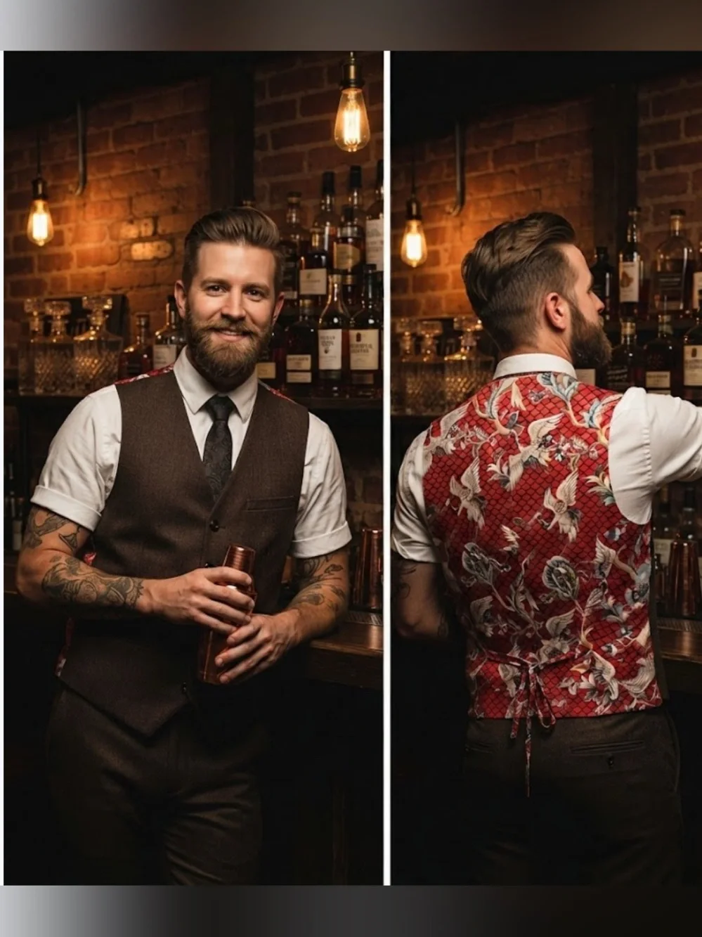 Paisley & Gray Slim Fit Vest, Brown Herringbone Red Crane Floral Print Lining, M